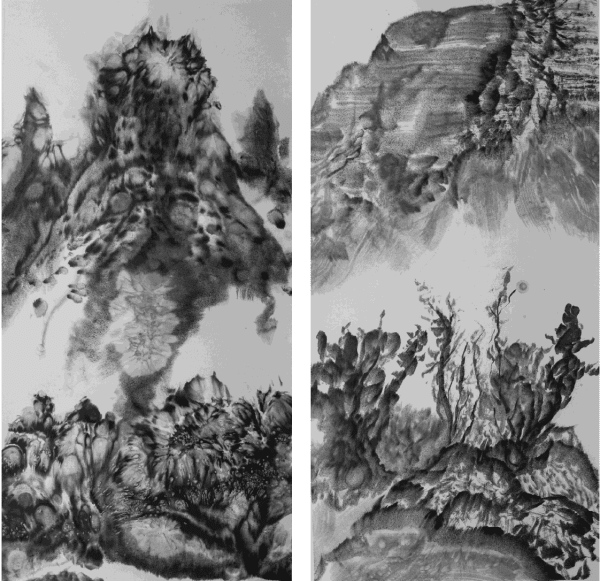 Bingyi 冰逸, “Taihang Rhapsody,” from left to right: White Clouds and Dark Beasts, Sound of the Empty Valley《混沌之眼》系列，从左至右：《白云苍狗》、《空谷传音》, ink on paper 纸本水墨, 138 × 69 cm (each scroll 每卷), 2021.
